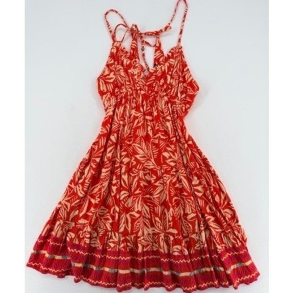 Angie Boho Mini Dress Red Tropical Print Tie Back Flowy S